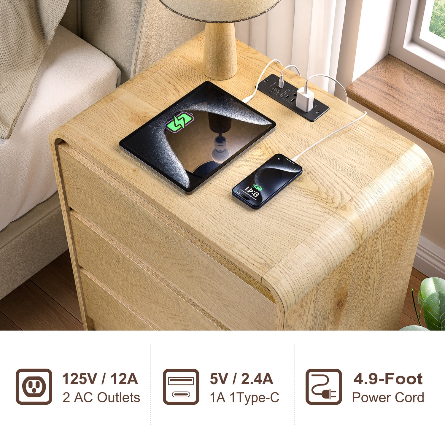 Hommoo Modern 25" Wood Nightstand with Built-in Charging Station, 3-Drawer Mid-Century Bedside Table with 2 AC Outlets & 2 USB Ports, Natural