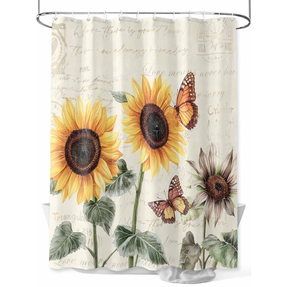 Sunflower Shower Curtain, Summer Floral Bee Pastoral Style Vintage Background Waterproof Shower Curtain Set with 12 Hooks Lightweight Washable Fabric Shower Curtains for Bathroom 48x72 Inches