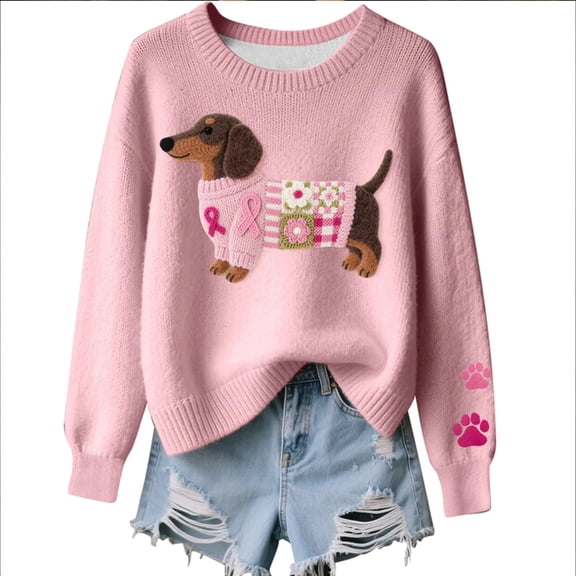 Trendfront Womens Dachshund Graphic Sweater Tops Crewneck Long Sleeve Dog Patchwork Paw Detail Relaxed Fit Casual Winter Pullovers