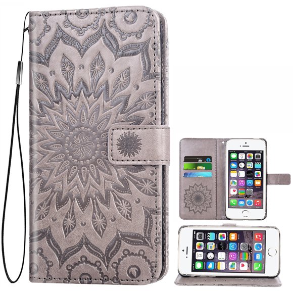 Case for iPhone 5, Genuine Leather Flip Wallet Case Cover with Stand for Men and Women, Magnetic Phone Case with Card Holder for iPhone 5 (Black)