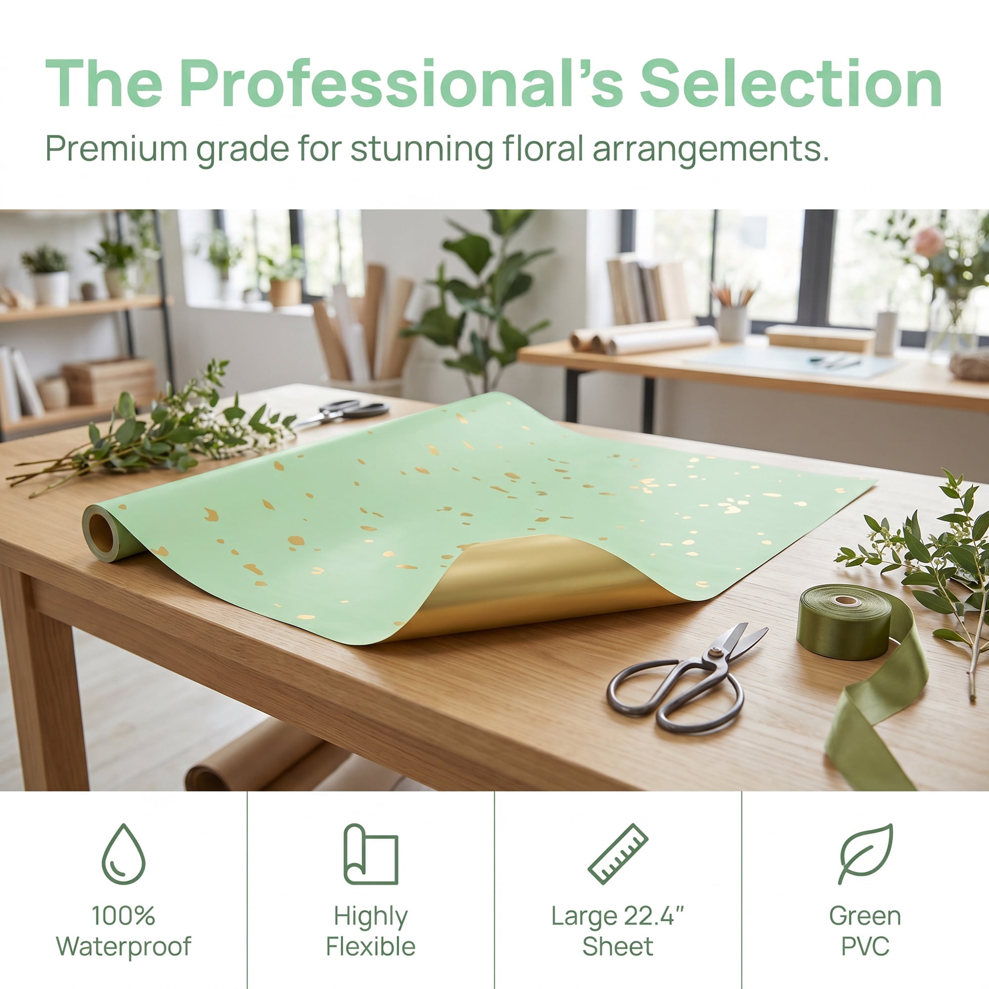 Unique Bargains Flecked Gift Wrap Paper for Floral Arrangements Green Gold 22.4"x 22.4"