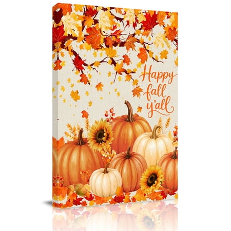 Canvas Wall Art Orange Fall Pumpkins Framed Canvas Prints for Bedroom Bathroom Thanksgiving Maple Leaf Botanical Gallery Wrapped Wall Decor for Home Office Gifts 11 x14 Ship Next Day