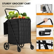 Naipo Folding Shopping Cart with Wheels and Double Basket Folding Utility Shopping Cart with Waterproof Removable Lining Portable Lightweight Trolley 180 LBS Capacity for Grocery Laundry