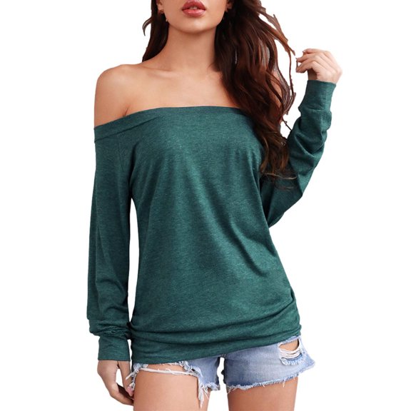 IROINNID Polyester Long Sleeve T Shirt for Women Comfortable Slim Fitting Straight Neck Off Shoulder Solid Color T-shirt,Green