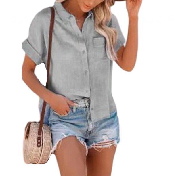 Summer Button Up Shirts for Women Casual Short Sleeve Plain Lapel Neck