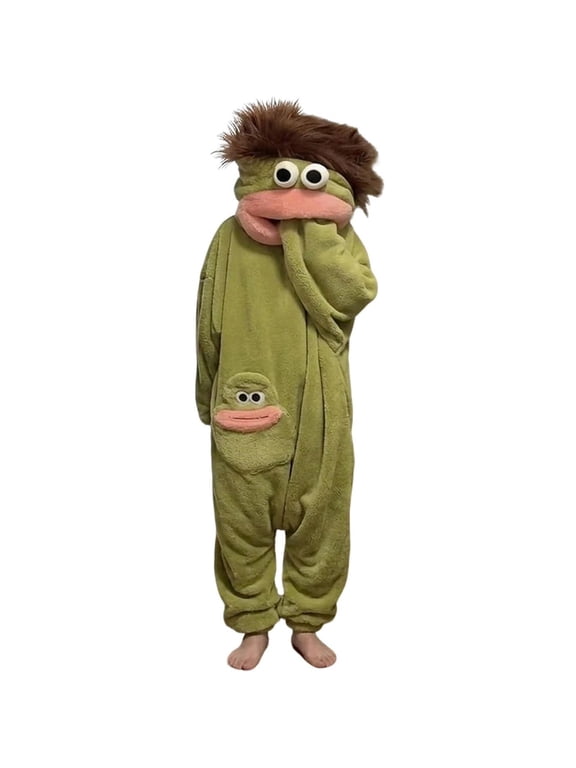 Children Cartoon Ugly Frog One Piece Sleepwear, Elastic Cuff Loose Fit, Anti Pilling Plush Fabric for Halloween Cosplay Green 100
