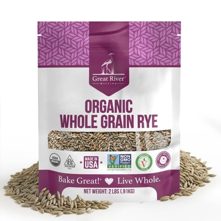 Great River Organic Milling Organic Whole Grain Rye Berries  High-Fiber, Nutrient-Rich Ancient Grain  Non-GMO, Kosher  Ideal for Baking, Sourdough, Salads, Pilaf & Soups  2 Lb