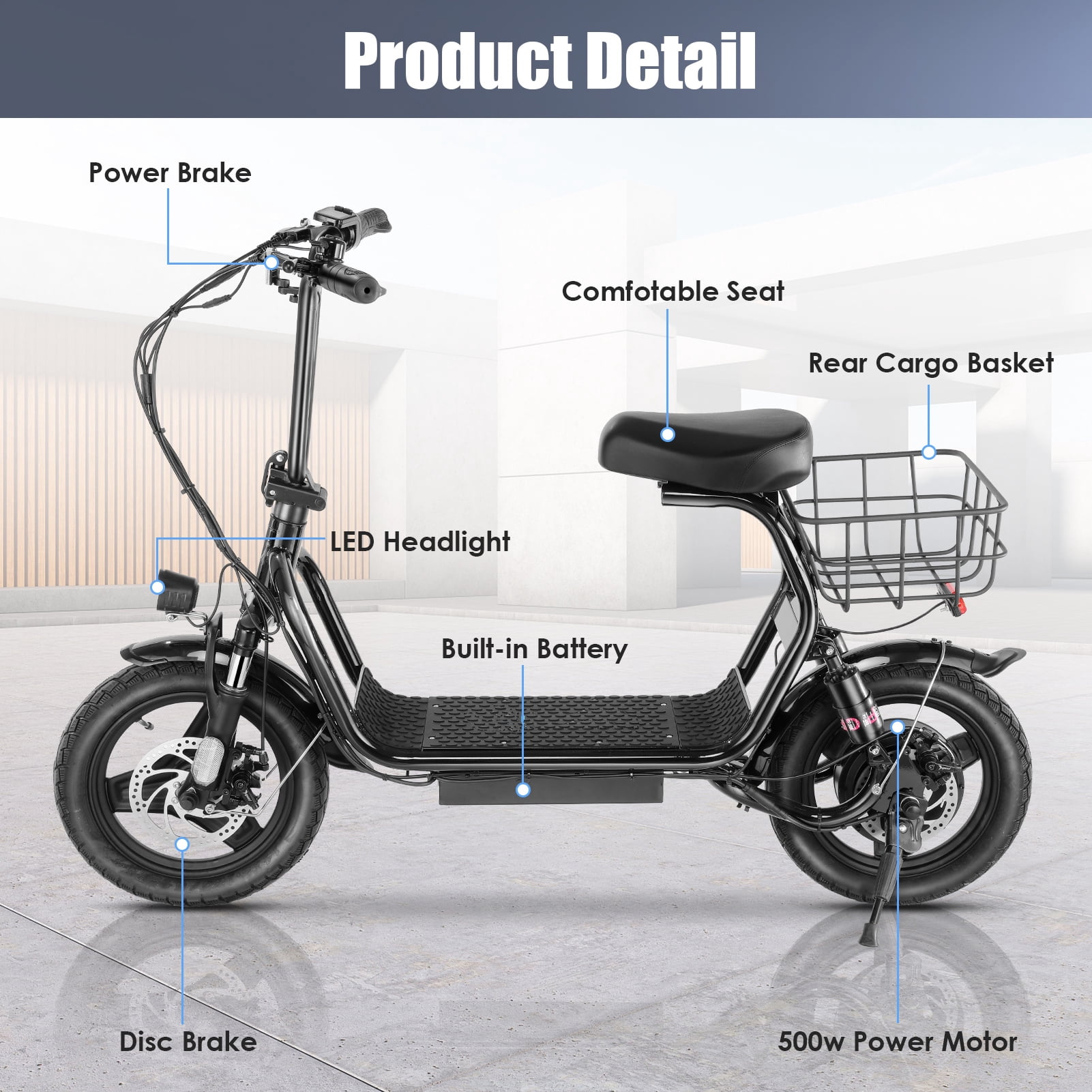 HOTEEL Peak 500W Adults Electric Scooter with Seat, 14" Off-road Tires, 3 Speeds 20 MPH Max, 15 Miles Range Folding Electric Scooter, Black