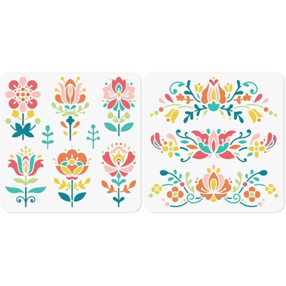 2Pcs Flower Polish Folk Art Stencils for Painting 11.8"x11.8" Plastic Floral Stencil Drawing TemplatesDIY Craft Paint Templates for Wall Home Decor Wood Burning Card Canvas Journal Paper Colorful