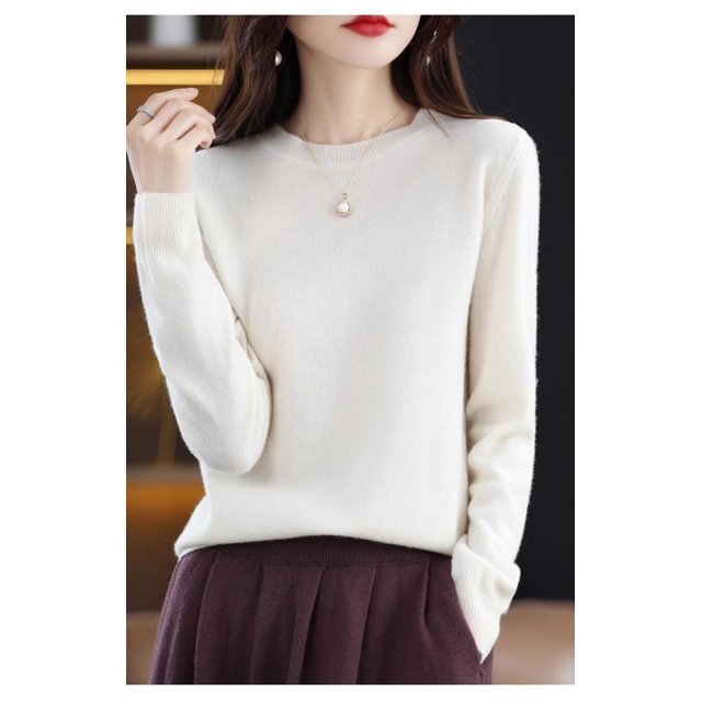 Suéter de lana pura de otoño, camisa de punto para mujer, cuello redondo, suelto, color sólido, estilo occidental, suéter de punto que combina con todo