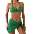 thumbnail image 3 of Women Solid Eyelet Bikini Beach Set Cheeky Breathable Halter Bikini Tops, Thong and Wrap Skirt Cover up Swimsuits, 3 of 6