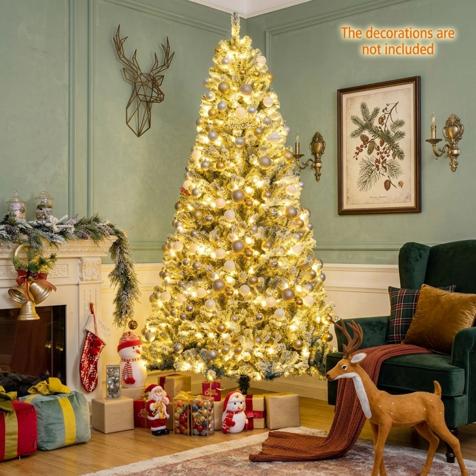 RUIE, 8 ft, Artificial Christmas Tree, with 650 LED Lights, 928 Branch Tips, Snow Flocked Holiday Xmas Tree for Indoor Home Office Decoration