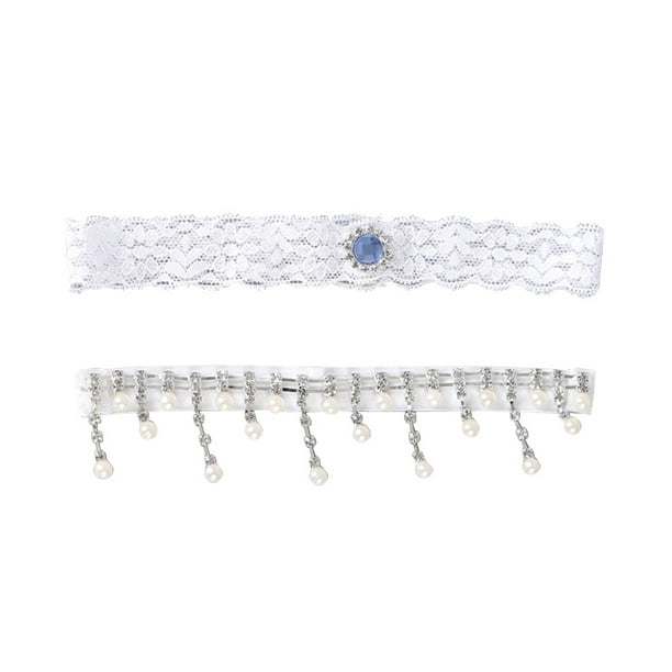 1 par de ligas de novia de estilo occidental con encaje de diamantes de imitación y perlas, decoración floral para el pie (blanco)