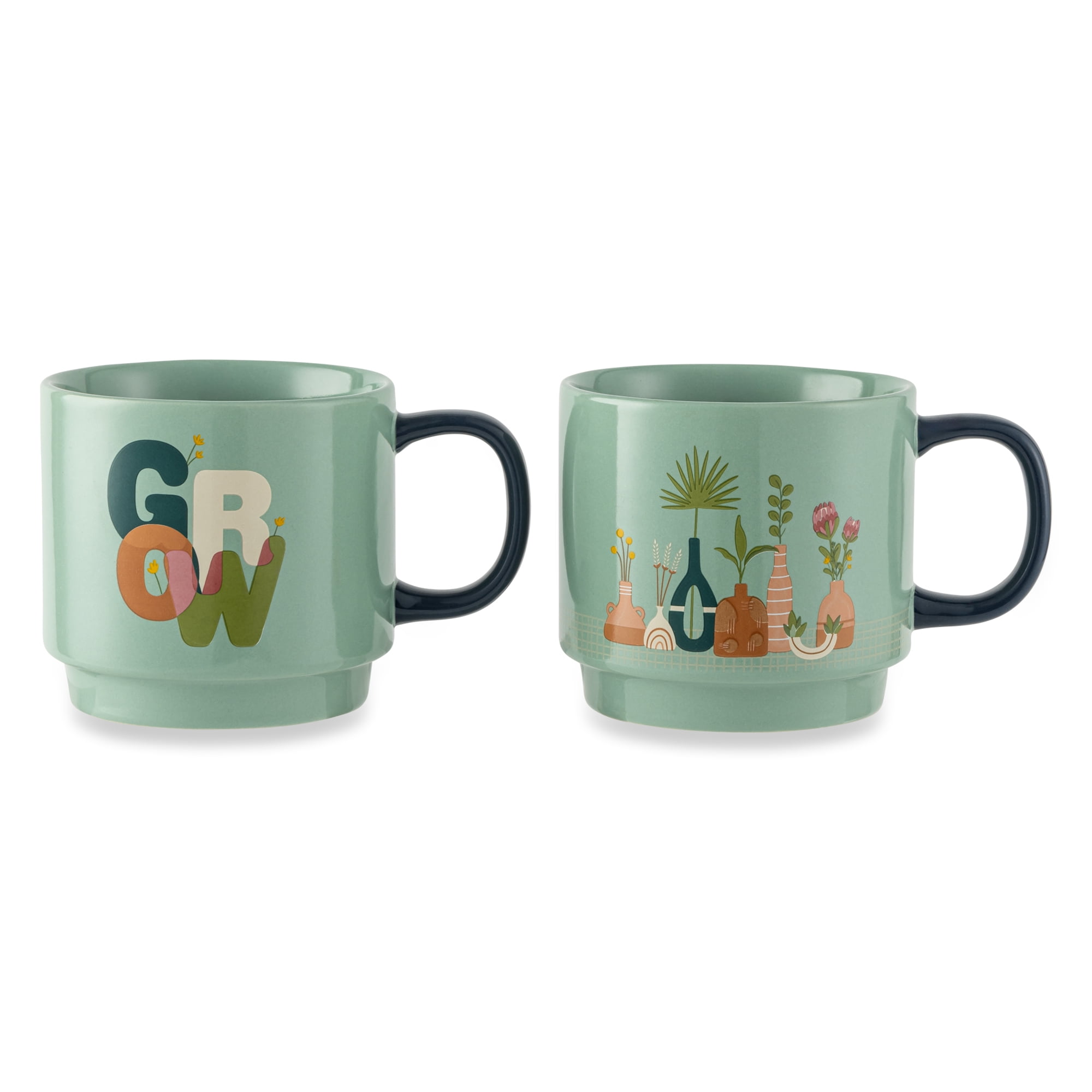 Thyme & Table 2 Pack Stacking Plant and Grow Gardens Green Mugs 14.2 fl oz, Stoneware