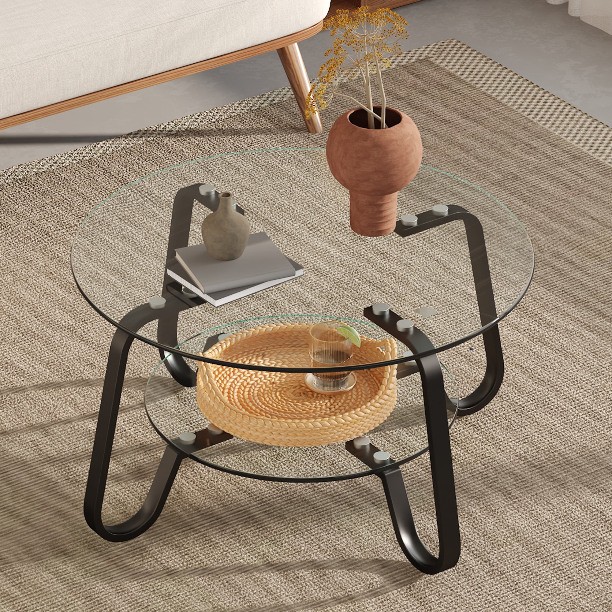 Retro Minimalist Metal Frame Coffee Table, 31.5 Inch Square Cocktail Table with Double Layer Tempered Glass Top, Vintage Style Center Table for Living Room