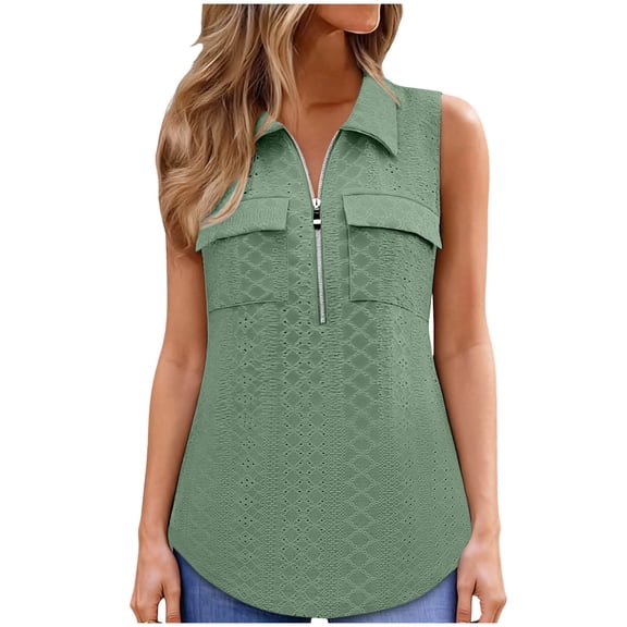 Womens Zip Up Shirt, Eyelet Tops for Women Summer Casual Hollow Solid Color Sleeveless Lapel Tank Tops with Pockets