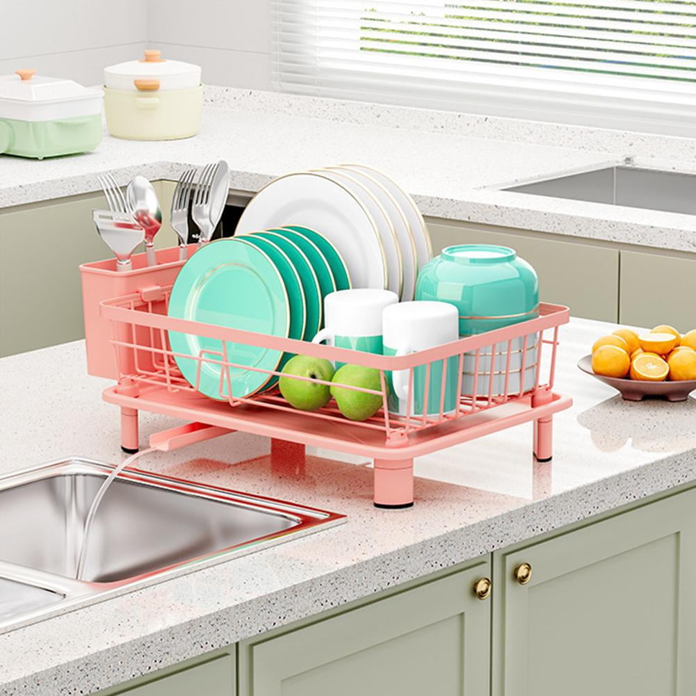 Pink Dish Drying Rack, Dish Drainer Rack with Drip Tray, Sink Dish Drainer with Drainage Spout, Stainless Steel with Grandma Kitchen Mom Drying Wife Enthusiasts Dish for Rack Cups, VXFF