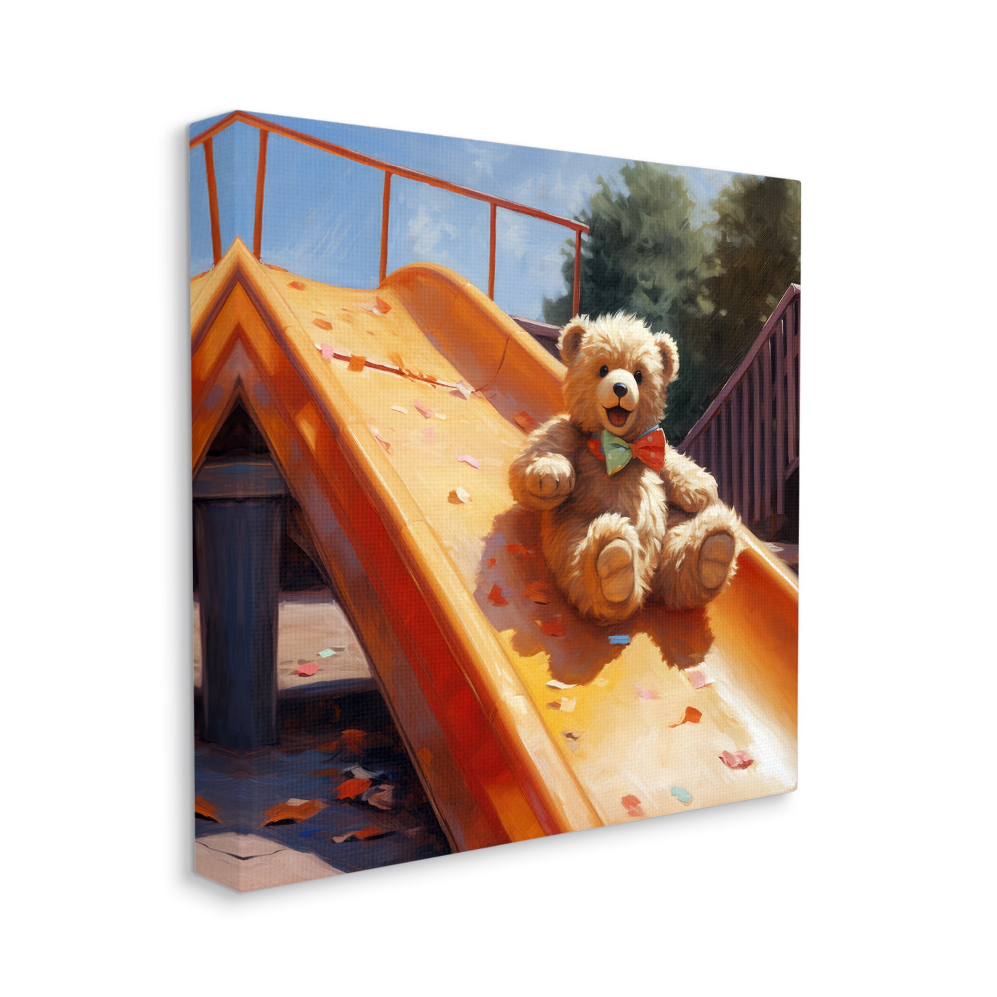 Stupell Industries Teddy Bear on Slide Animals & Insects Painting Gallery Wrapped Canvas Art Print Wall Art, 24 x 24
