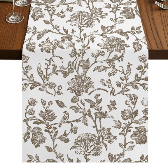 Vintage Brown Floral Table Runner 48 Inches Long, Farmhouse Flower Cotton Linen Dining Table Runner Dresser Scarves for Home Kitchen Party Decor 13"x48"