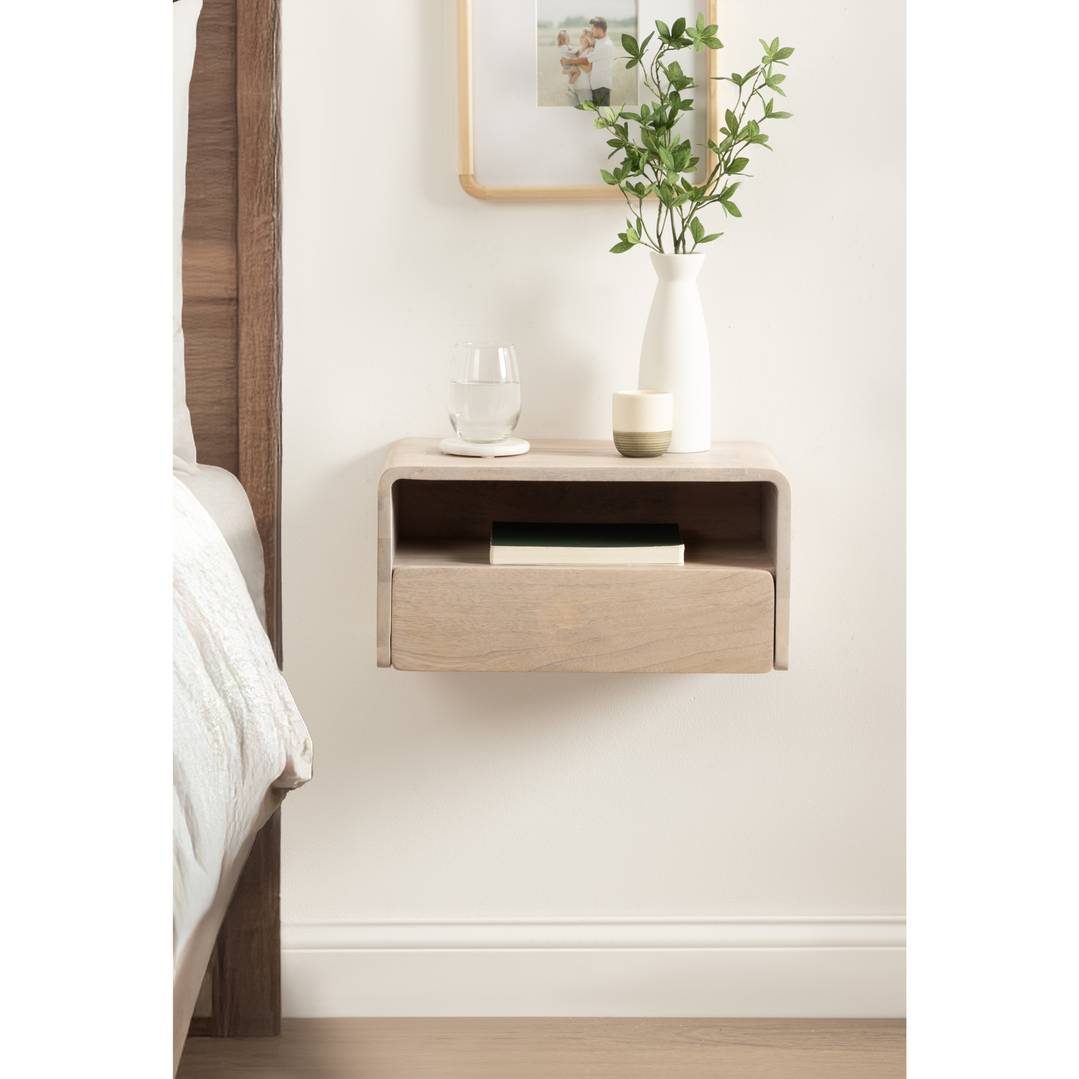 Kate and Laurel Kato Modern Mango Wood Floating Side Table with Drawer, 18 x 10 x 9, Whitewash, Contemporary Wooden Floating Nightstand for Bedroom Bedside Table or Living Room Wall Storage