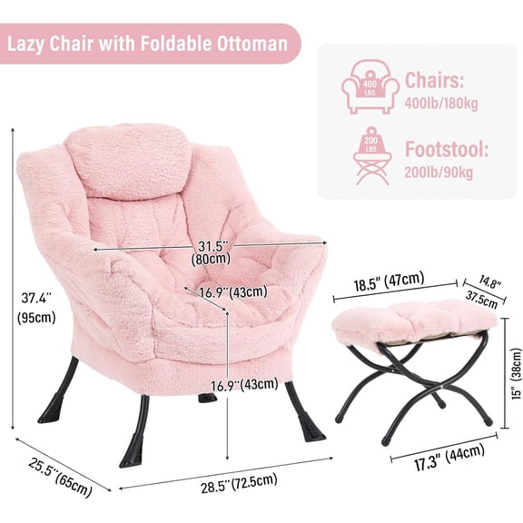 Lazy Chair with Ottoman, Plush Pink Accent Chair with Folding Footrest for Bedroom Living Room