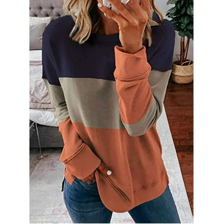 Women's Patchwork Contrast Color round Neck Long-Sleeved Casual Sweater ...