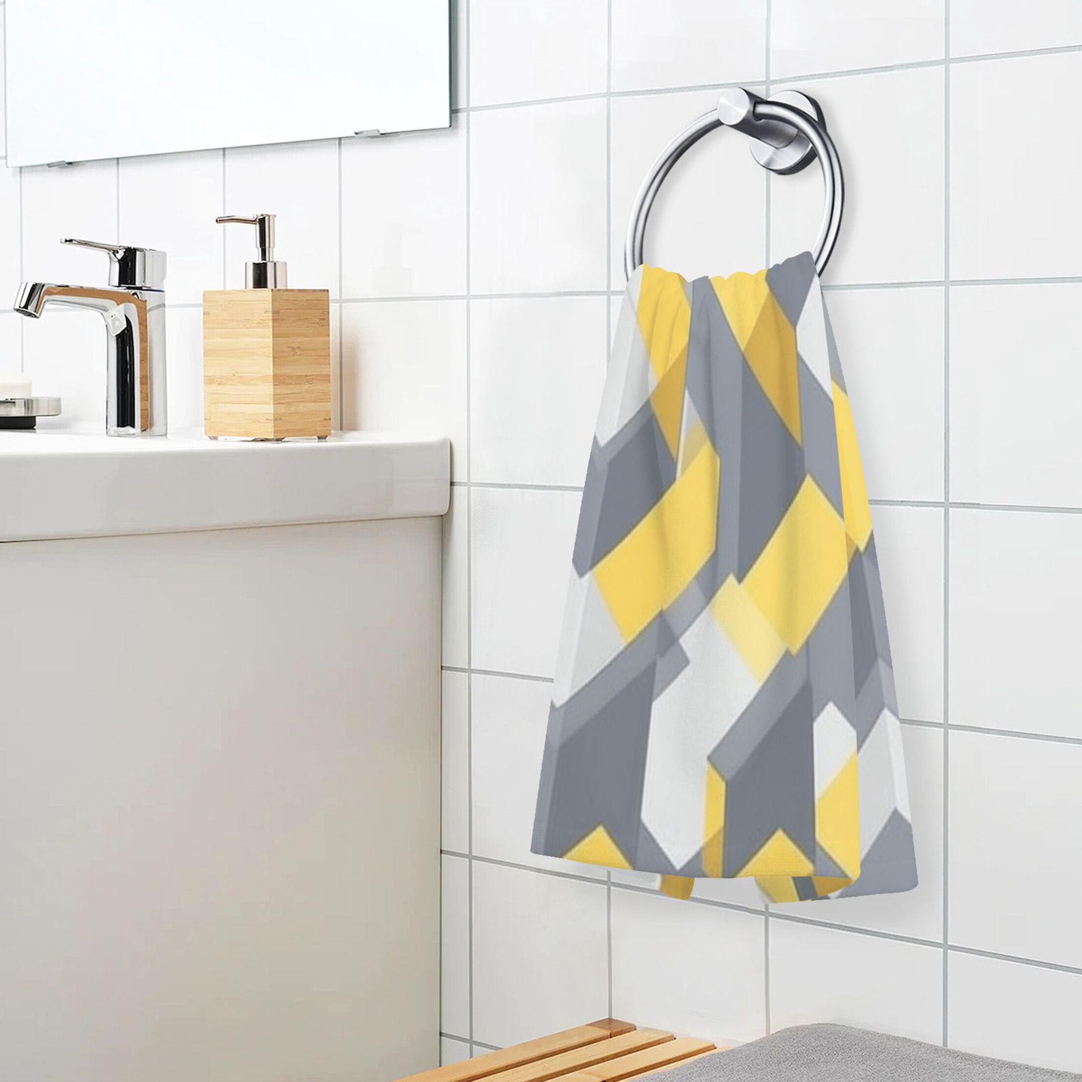2 Pcs Absorbent Face Towel Bath Hand Towels Soft Breathable Cotton Towel Set for Bathroom Kitchen Hotel Spa Decor Yellow and Grey Cubes