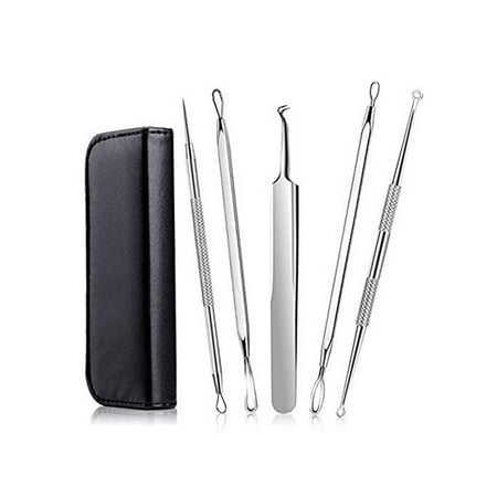 Blackhead Remover Pimple 5pcs Set Comedone Extractor Tool Best Acne Removal Extraction Kit with Black Leather