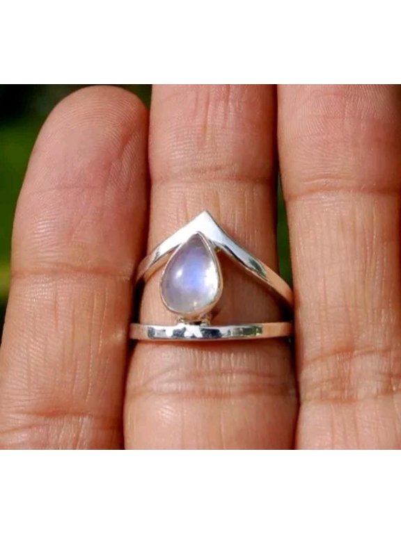 Designer Blue Fire Moonstone Ring, Teardrop Shape Moonstone Ring, Faceted Ring, Double Band Silver Ring, Minimalist Design, Finger Jewelry**