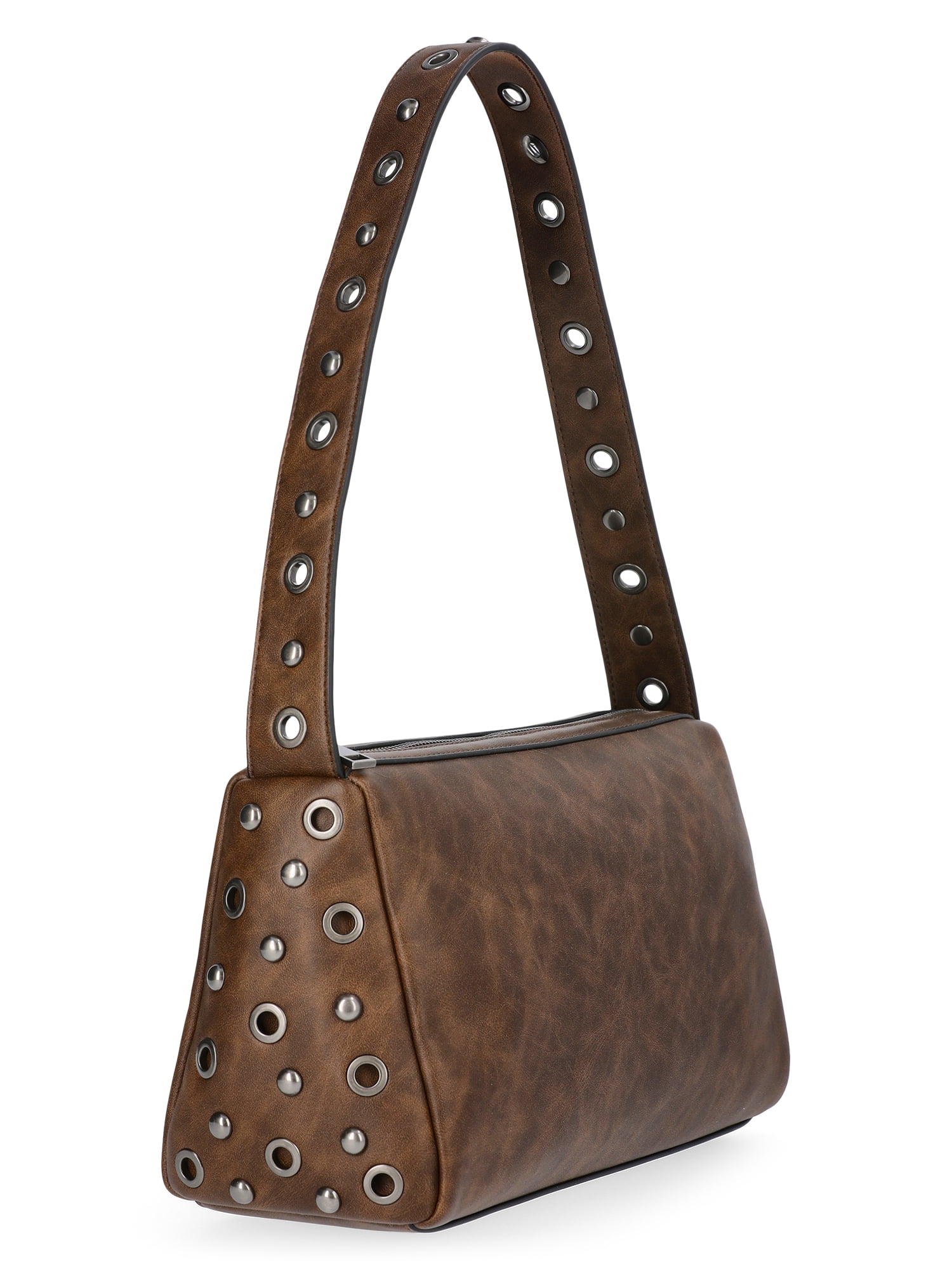 No Boundaries Women's Faux Leather Studded Moto Shoulder Bag, Brown