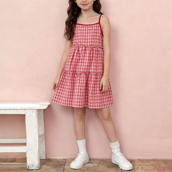 Amidoa Girl Dresses A-Line Cami Sleeveless Plaid Flowy Dress Casual Summer Sundress for Kids Red Size 9