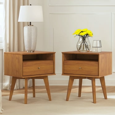 Abby Serene Nightstand Set of 2 with Drawer, Amber Walnut