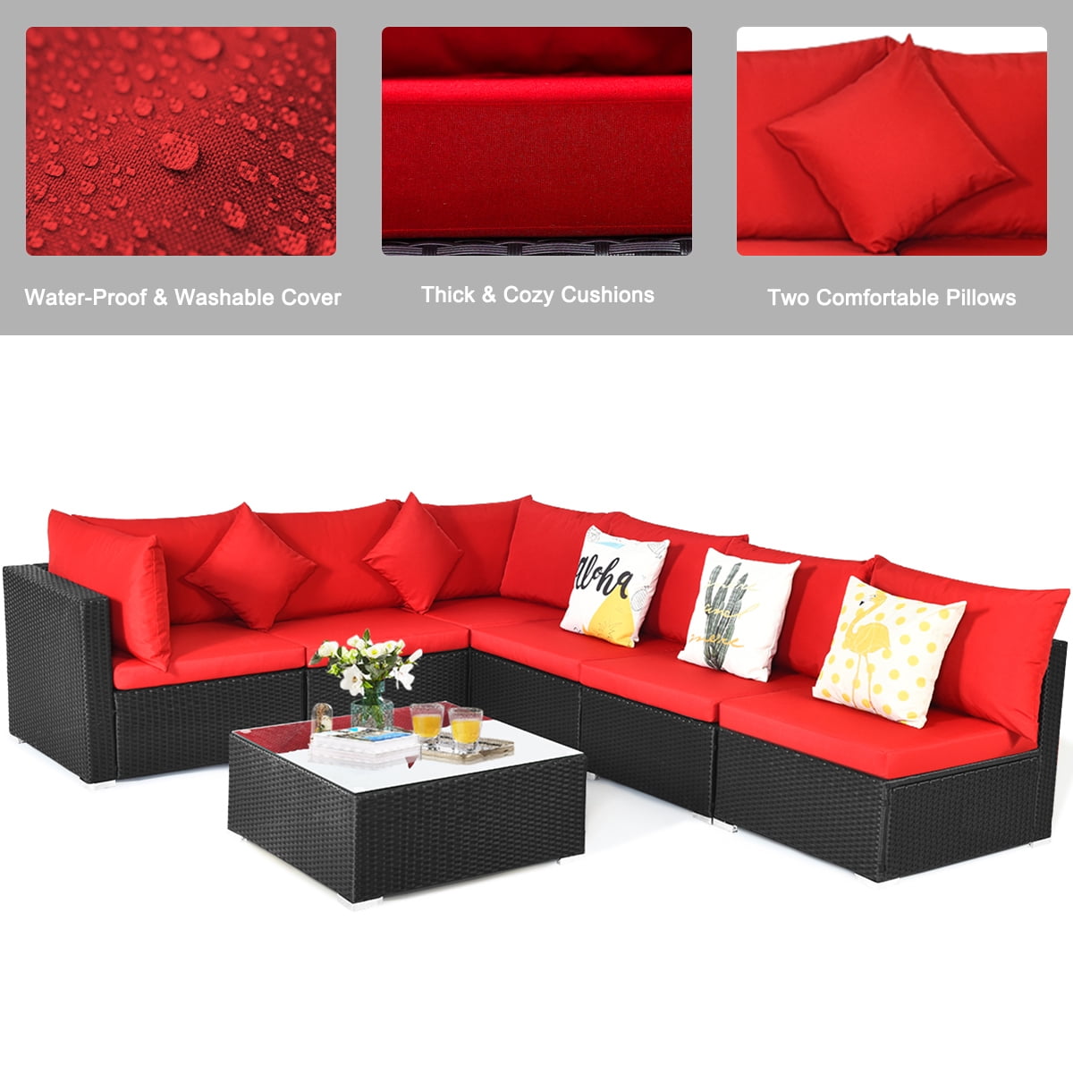 Gymax 7PCS Rattan Patio Conversation Set Sectional Furniture Set w/ Red Cushion