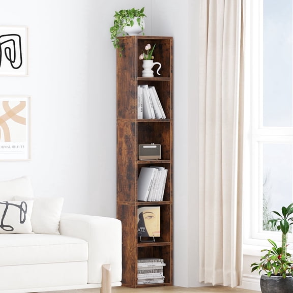 Zenira 68.5 Inches Small Tall Narrow Corner Bookshelf, 6 Shelf Cubby Storage Organizer for Small Spaces, Freestanding Storage Cabinet for Bedroom Library Living Room Home Office, Brown