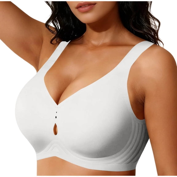 hoksml Women's Seamless Wireless Bra, Adjustable Wide Straps Medium Support Comfort Bra with Keyhole V-Neck and Back Smoothing