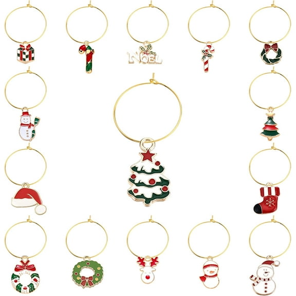 1 Box 30 Sets 15 Styles Christmas Wine Glass Markers Alloy Enamel Party Drink Markers Tags Charms Wine Glass Rings for Xmas Dinner Table Decoration Home Ornaments