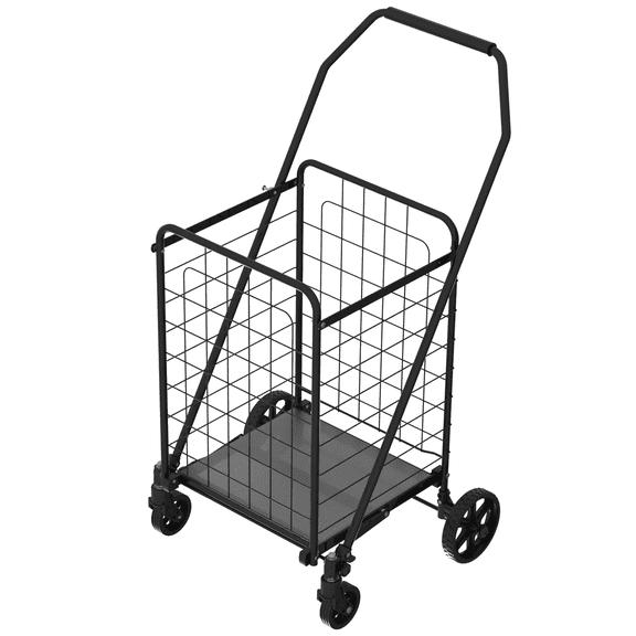 Spaco Shopping Cart with Shelf,Grocery Cart on Wheels, Foldable Utility Shopping Carts with Double Basket and 360° Rolling Swivel Wheels for Outdoor as Garden, Patio, Yard, Black