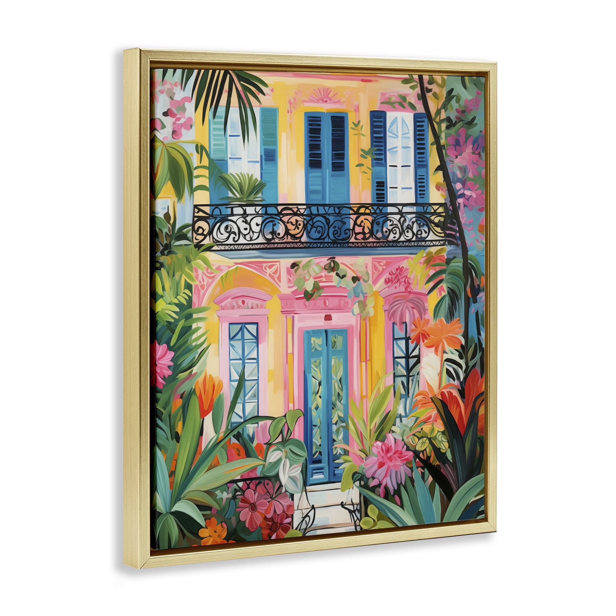 Stupell Industries Colorful Facade with Tropical Garden Gold Framed Floater Canvas Wall Art, design by LSR Design Studio