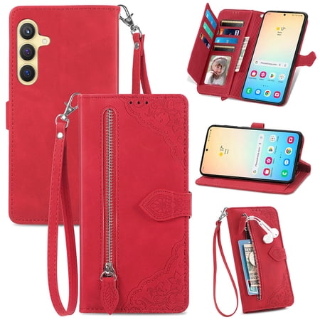 SYITOOCK Phone Case for Samsung Galaxy S24, Shockproof PU Leather Wallet Case with Card Slots Anti-Scratch Stand Magnetic Flip Zipper Pocket Cover for Samsung Galaxy S24, Red