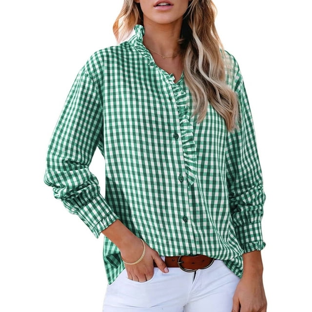 Women'S Plaid Ruffle V Neck Button Down Blouse Casual Long Sleeve Gingham Work Checkered Shirt Tops Green XL