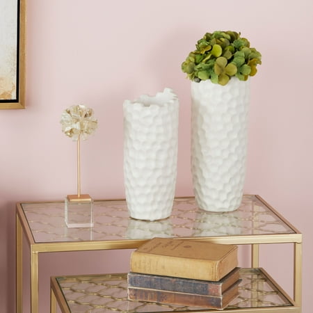 Links Porcelain Vase - CosmoLiving Extra Large Cylinder White Porcelain Vase with Honeycomb Texture and Top | 6” x 14”