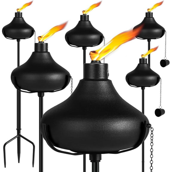 24.5 Oz Home Garden Torch Set of 6, Outdoor Metal Torch Garden Décor,55-Inch Upgraded Citronella Torches with 3-Prong Grounded Stake, Metal Light Torches for Party Patio Pathway