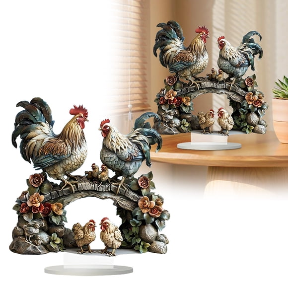 Decoración del hogar, decoración de habitaciones, decoración de paredes, decoración de escritorio plana de familia de pollos de cristal, artículos decorativos de arte multiusos