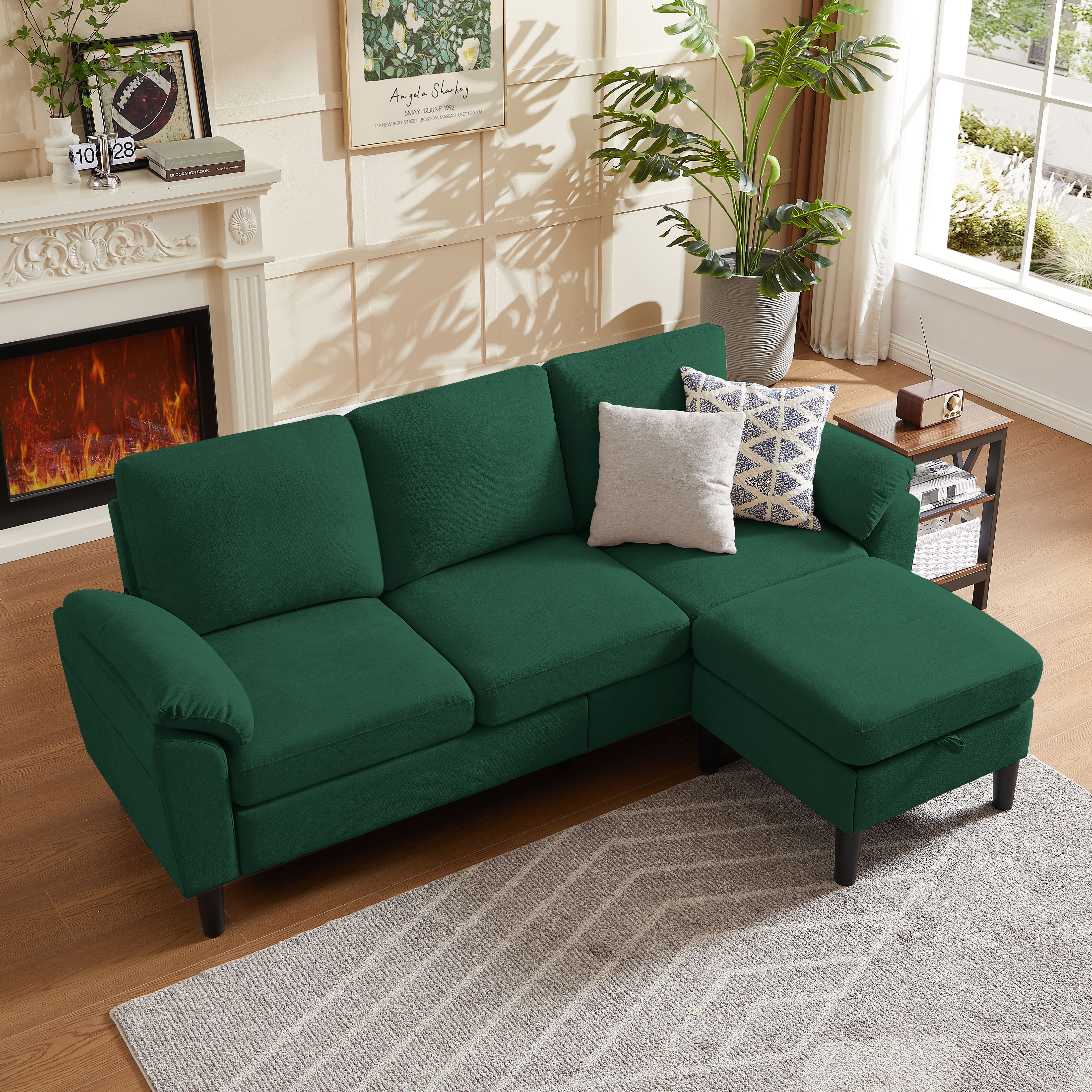 Jarenie 80" Convertible Sectional Sofa, Small L Shaped 3 Seat Couch with Reversible Storage Chaise, Modern Polyester Fabric Sofa Couches for Living Room, Apartment and Small Space, Green