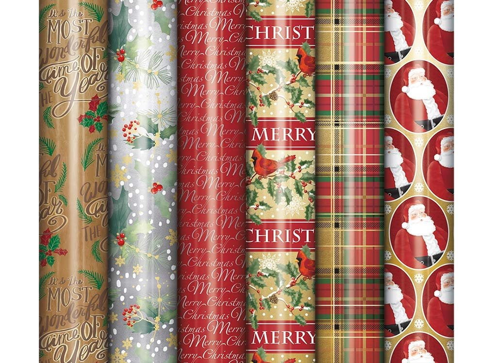 Bundle of 6 Rolls of Christmas Holiday Foil Gift Wrapping Paper, Traditional Xmas Wrap