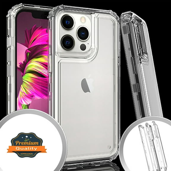 Xpression Case for Apple iPhone 13 Pro (6.1") Heavy Duty Transparent 3 in 1 Hybrid Shockproof Full Edge PC Bumper TPU Rubber Protective Phone Cover [Clear]