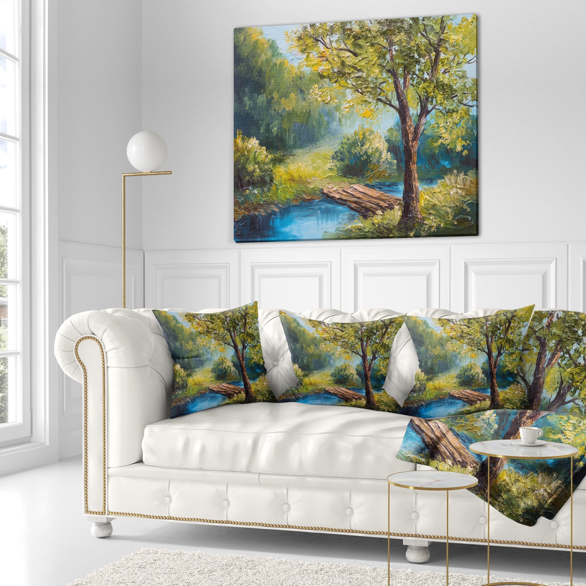 Designart Summer Forest with Beautiful River - Landscape Printed Throw Pillow - 18x18