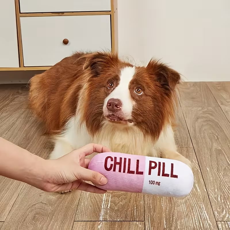 1 adorable "Relaxation Pill" Plush Dog Toy - Soft, fluffy and fun! - Durable double-layer fabric for unbreakable chew toys for all breeds