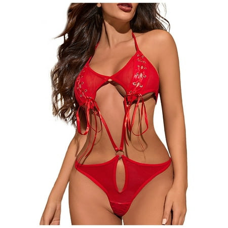 Yuhangmm Ladies Lingerie Sexy See Through Solid Colour Hollowed Out Straps Bow Jumpsuit Mesh Clothing Mom Bod Lingerie