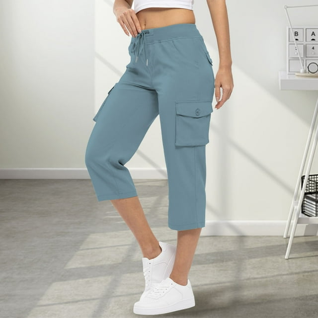 Lroveb Pantalon Capri pour Femmes avec Cordon de Serrage Pantalon d'Été d'Entraînement Couleur Unie Pantalon de Randonnée Décontracté Extérieur /4 Cargo Léger Extensible Bleu Clair
